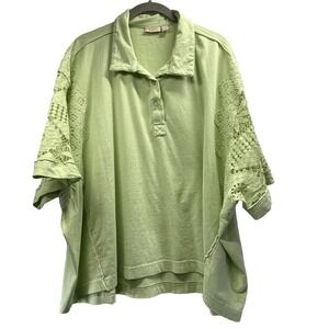 LOGO‎ Lavish Women's Boxy Top Size 1X Green Lace Relaxed Oversized 100% Cotton